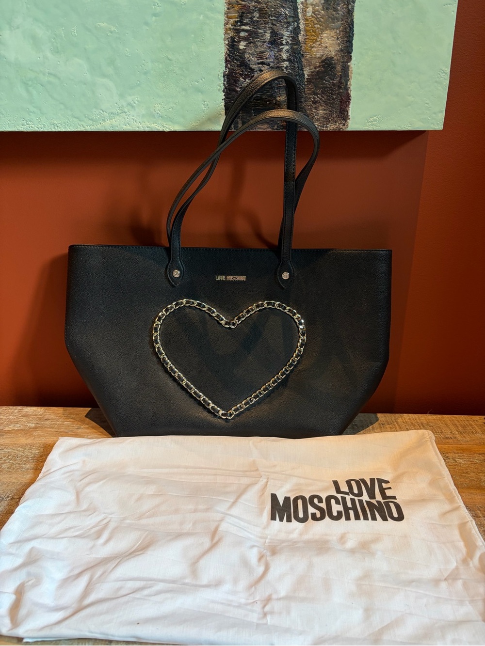 Love Moschino Black Tote with Chain Heart Accent